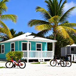 Caribbean Holidays, Bahamas October, Small backpacker guesthouse near a tropical beach on Eleuthera, with palm trees and bicycles outside