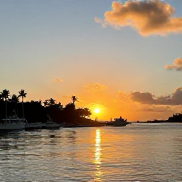 Caribbean Holidays, Bahamas October Trips, A relaxed Caribbean sunset over a Bahamian harbour with boats and warm evening light