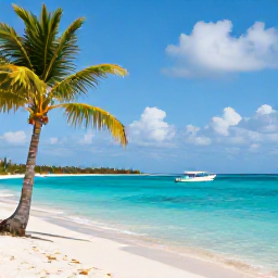 Caribbean Holidays, Bahamas October Trips, A sunny beach in the Bahamas with turquoise water, palm trees and a small boat offshore