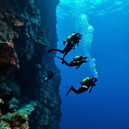 Caribbean Holidays, Bahamas Scuba Diving, A group of scuba divers descending beside a dramatic blue ocean wall near the Bahamas