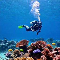 Caribbean Holidays, Bahamas Scuba Diving, A scuba diver exploring a colourful coral reef in clear turquoise Bahamian water during April