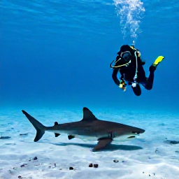 Caribbean Holidays, Bahamas Scuba Diving, A scuba diver observing a Caribbean reef shark over a sandy seabed in the Bahamas