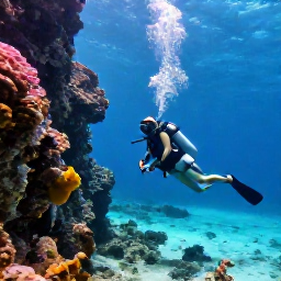 Caribbean Holidays, Bahamas Scuba Diving, A scuba diver swimming beside a steep underwater wall in the Bahamas, with sunlight filtering through clear turquoise water