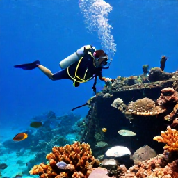 Caribbean Holidays, Bahamas Scuba Diving, Divers exploring a historic shipwreck in clear Bahamian water, with coral growth and tropical fish around the wreck