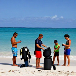 Caribbean Holidays, Bahamas Scuba Diving, Friendly dive instructor preparing equipment with holidaymakers beside a tropical beach in the Bahamas
