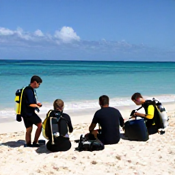 Caribbean Holidays, Bahamas Scuba Diving, Friendly scuba diving group preparing equipment beside a bright sandy beach in the Bahamas
