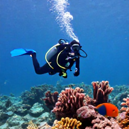 Caribbean Holidays, Bahamas Scuba Diving, Scuba diver exploring a clear blue reef beside colourful tropical fish in the Bahamas