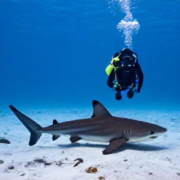Caribbean Holidays, Bahamas Scuba Diving, Scuba diver observing a Caribbean reef shark over a sandy seabed in The Bahamas