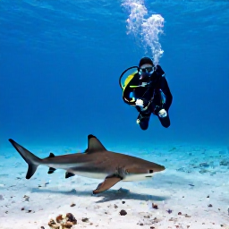 Caribbean Holidays, Bahamas Scuba Diving, Scuba diver observing a friendly Caribbean reef shark over a sandy seabed near Grand Bahama