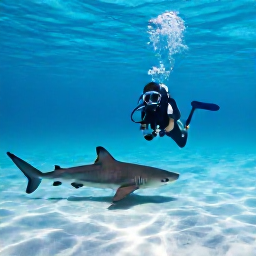 Caribbean Holidays, Bahamas Scuba Diving, Scuba diver observing a reef shark over a sandy seabed in clear turquoise water off Grand Bahama