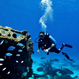 Caribbean Holidays, Bahamas Scuba Diving, Scuba diver swimming beside a sunken shipwreck surrounded by fish in crystal-clear Bahamian water