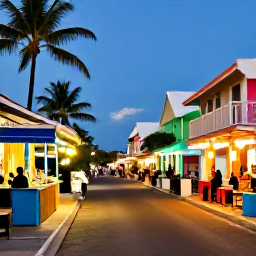 Caribbean Holidays, Bahamas September, A colourful evening street scene in Nassau, The Bahamas, with local shops, music and warm island light