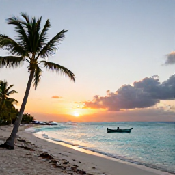 Caribbean Holidays, Bahamas September Holidays, Quiet Bahamian beach at sunset with turquoise water, palm trees and a small fishing boat