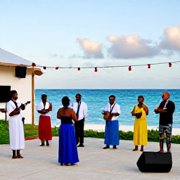 Caribbean Holidays, Bahamas September Holidays, Traditional Bahamian music performance at a small outdoor festival beside the sea, with dancers and local instruments