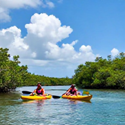Caribbean Holidays, Bahamas September, Kayakers paddling through a peaceful mangrove lagoon in The Bahamas under a bright cloudy sky