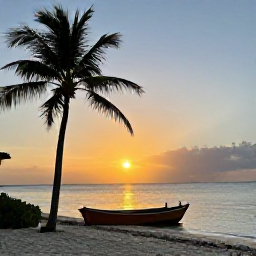 Caribbean Holidays, Bahamas September, Relaxed Bahamian beach at sunset with a small wooden boat, palm silhouettes and warm evening light