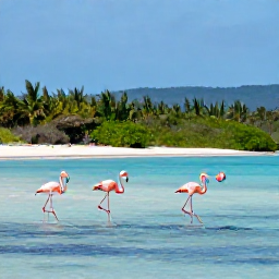 Caribbean Holidays, Bahamas September, Wild flamingos walking through shallow blue water on Great Inagua, The Bahamas, with mangroves and distant hills
