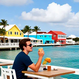 Caribbean Holidays, Bahamas Solo Holidays, A friendly solo traveller enjoying a waterfront caf&eacute; in Nassau, Bahamas, with colourful buildings, palm trees and local food
