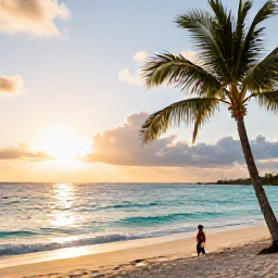 Caribbean Holidays, Bahamas Solo Holidays, A golden April sunset over turquoise water and palm trees on a Bahamian beach, viewed by a peaceful solo traveller