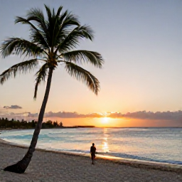 Caribbean Holidays, Bahamas Solo Holidays, A peaceful sunset over a Bahamian beach with palm trees, calm turquoise water and a solo traveller watching from the shore
