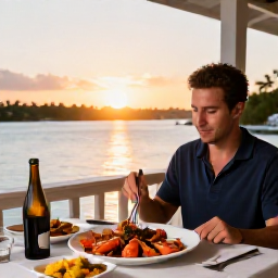 Caribbean Holidays, Bahamas Solo Holidays, A solo traveller dining outdoors at a relaxed Bahamian restaurant at sunset, with fresh seafood and harbour views