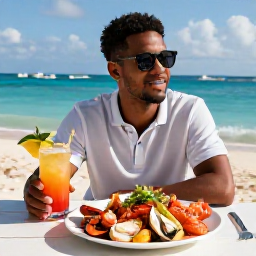 Caribbean Holidays, Bahamas Solo Holidays, A solo traveller enjoying a relaxed beachside lunch with fresh Bahamian seafood and a tropical drink