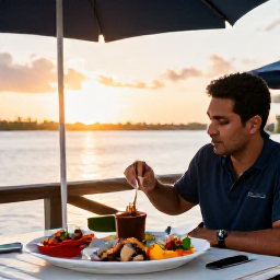 Caribbean Holidays, Bahamas Solo Holidays, A solo traveller enjoying fresh Bahamian seafood at a relaxed outdoor restaurant in Nassau at sunset