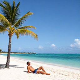Caribbean Holidays, Bahamas Solo Holidays, A solo traveller relaxing on a quiet white-sand beach in Nassau, Bahamas, with turquoise sea and palm trees