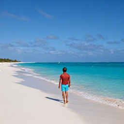 Caribbean Holidays, Bahamas Solo Holidays, A solo traveller walking along a quiet white-sand beach in Nassau, Bahamas, with turquoise sea and bright March sunshine
