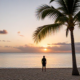 Caribbean Holidays, Bahamas Solo Holidays, A solo traveller watching a peaceful October sunset over a Bahamian beach with palm trees and calm sea