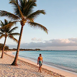 Caribbean Holidays, Bahamas Solo Holidays, Comfortable solo traveller walking along a peaceful Bahamian beach at golden hour, palm trees and calm turquoise water
