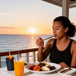 Caribbean Holidays, Bahamas Solo Holidays, Friendly Bahamian restaurant at sunset with a solo diner enjoying fresh seafood and a tropical drink