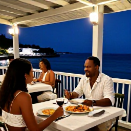 Caribbean Holidays, Bahamas Solo Holidays, Friendly solo traveller dining at an outdoor waterside restaurant in Nassau, Bahamas, with fresh seafood and evening light