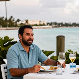Caribbean Holidays, Bahamas Solo Holidays, Friendly solo traveller enjoying a relaxed meal at a waterfront restaurant in Nassau, Bahamas