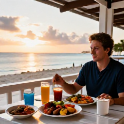 Caribbean Holidays, Bahamas Solo Holidays, Friendly solo traveller enjoying Bahamian seafood at an open-air restaurant overlooking the sea at sunset