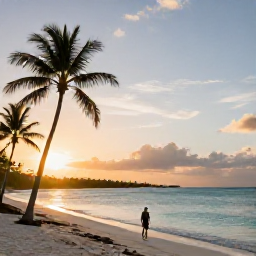 Caribbean Holidays, Bahamas Solo Holidays, Peaceful Bahamian beach at sunset with palm trees, calm turquoise water and a solo holidaymaker walking along the shoreline