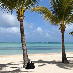 Caribbean Holidays, Bahamas Solo Holidays, Peaceful Bahamian beach with palm trees, calm turquoise water and a small solo holiday bag in September sunshine
