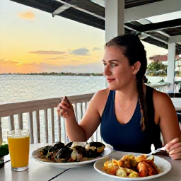 Caribbean Holidays, Bahamas Solo Holidays, Solo diner enjoying fresh Bahamian seafood at a relaxed waterfront restaurant at sunset