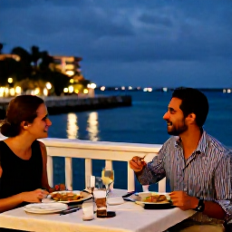 Caribbean Holidays, Bahamas Solo Holidays, Solo traveller enjoying a relaxed evening meal at a waterfront restaurant in Nassau, Bahamas