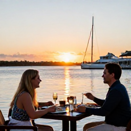 Caribbean Holidays, Bahamas Solo Holidays, Solo traveller enjoying a relaxed evening meal at a waterside restaurant in the Bahamas, with sunset over the harbour