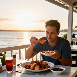 Caribbean Holidays, Bahamas Solo Holidays, Solo traveller enjoying fresh seafood at an outdoor restaurant in Nassau, Bahamas, at sunset