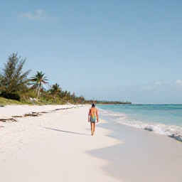 Caribbean Holidays, Bahamas Solo Holidays, Solo traveller walking along a quiet white-sand beach in Nassau, The Bahamas, on a bright January morning