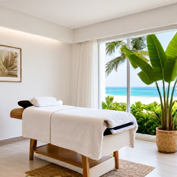 Caribbean Holidays, Bahamas Spa Breaks, A bright contemporary spa treatment room in The Bahamas, featuring natural textures, white towels, tropical greenery and a peaceful ocean view
