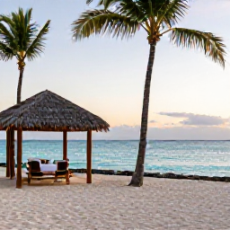 Caribbean Holidays, Bahamas Spa Breaks, A calm beachfront spa setting in the Bahamas at sunset, with palm trees, turquoise water and a treatment pavilion