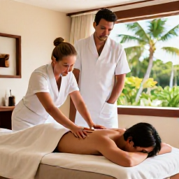 Caribbean Holidays, Bahamas Spa Breaks, A couple enjoying a couples massage in an elegant Bahamas resort spa, with soft natural light and tropical garden views