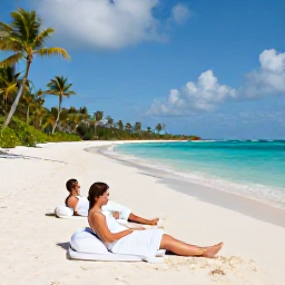 Caribbean Holidays, Bahamas Spa Breaks, A couple relaxing on a quiet white-sand beach in The Bahamas after a spa treatment, with turquoise water and palm trees