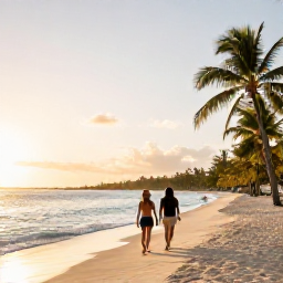 Caribbean Holidays, Bahamas Spa Breaks, A couple walking along a pristine Bahamian beach at sunset, with soft golden light, clear water and palm trees