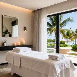 Caribbean Holidays, Bahamas Spa Breaks, A modern Bahamian spa treatment room with natural light, white towels, candles and views of palm trees