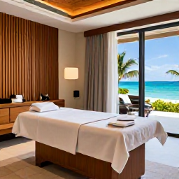 Caribbean Holidays, Bahamas Spa Breaks, A modern Bahamian spa treatment room with natural wood, fresh towels, soft lighting and views towards the Caribbean Sea