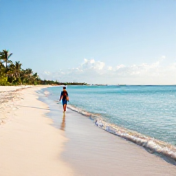 Caribbean Holidays, Bahamas Spa Breaks, A peaceful Bahamian beach with a person walking beside clear turquoise water, bright sand and gentle morning light